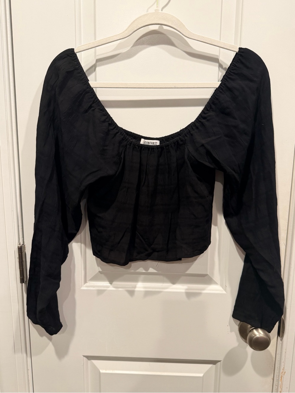 Anthropologie Self Contrast Black Off Shoulder Smocked Crop Top Long Sleeve